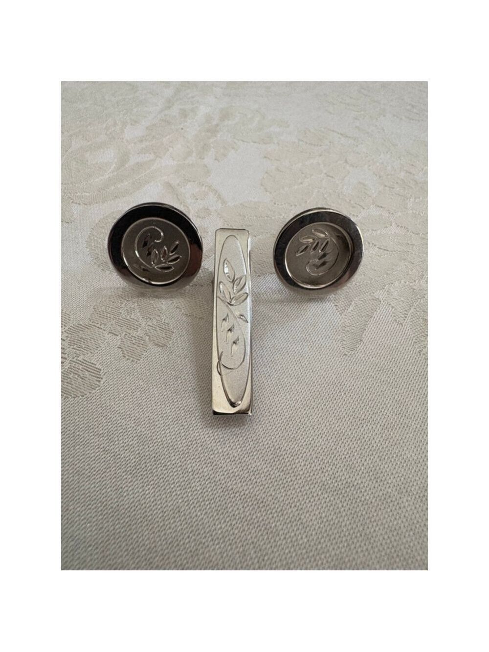 Vintage Sterling Silver Cuff Links & Tie Clip Set One Size